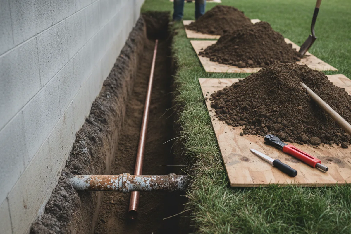 Excavated water line trench during Sewer Line Repair in Croghan